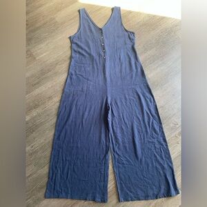 Womens Jumpsuit M 100% Linen V Neck Wide Leg Crop Navy Blue Coastal Beachy Baggy
